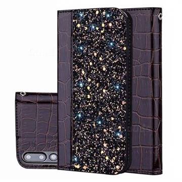 Shiny Crocodile Pattern Stitching Magnetic Closure Flip Holster Shockproof Phone Cases for Huawei P20 Pro - Black Brown