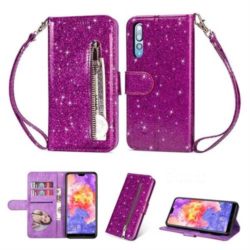 Glitter Shine Leather Zipper Wallet Phone Case for Huawei P20 Pro - Purple