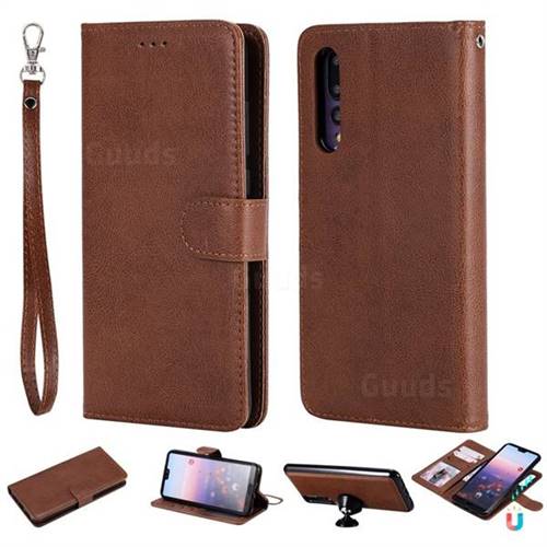 Retro Greek Detachable Magnetic PU Leather Wallet Phone Case for Huawei P20 Pro - Brown
