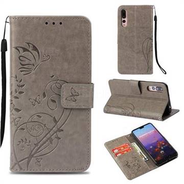 Embossing Butterfly Flower Leather Wallet Case for Huawei P20 Pro - Grey