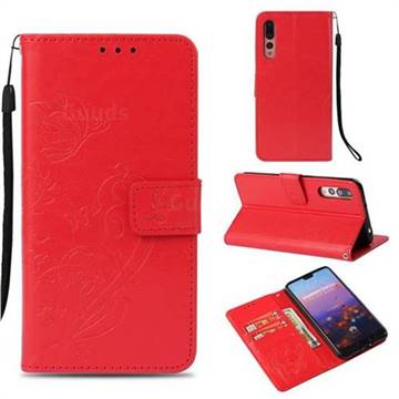 Embossing Butterfly Flower Leather Wallet Case for Huawei P20 Pro - Red