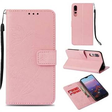 Embossing Butterfly Flower Leather Wallet Case for Huawei P20 Pro - Pink