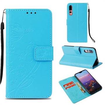 Embossing Butterfly Flower Leather Wallet Case for Huawei P20 Pro - Blue