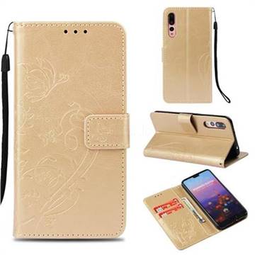 Embossing Butterfly Flower Leather Wallet Case for Huawei P20 Pro - Champagne