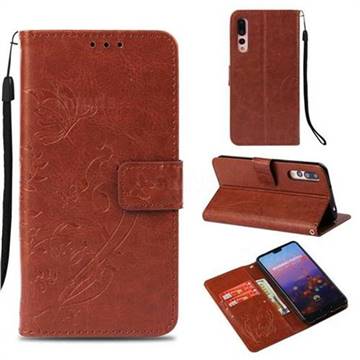 Embossing Butterfly Flower Leather Wallet Case for Huawei P20 Pro - Brown