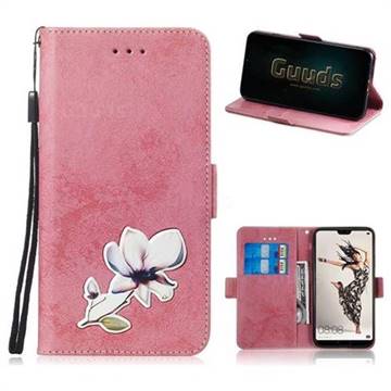 Retro Leather Phone Wallet Case with Aluminum Alloy Patch for Huawei P20 Pro - Pink