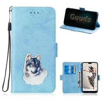 Retro Leather Phone Wallet Case with Aluminum Alloy Patch for Huawei P20 Pro - Light Blue