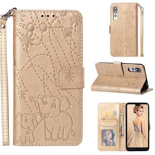 Embossing Fireworks Elephant Leather Wallet Case for Huawei P20 Pro - Golden