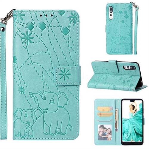 Embossing Fireworks Elephant Leather Wallet Case for Huawei P20 Pro - Green
