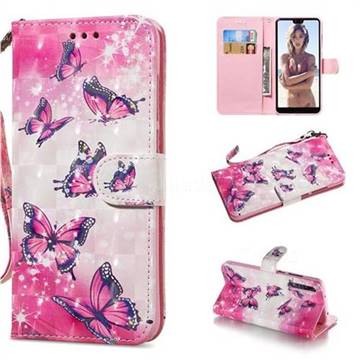 Pink Butterfly 3D Painted Leather Wallet Phone Case for Huawei P20 Pro