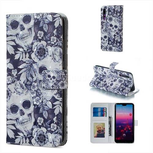 Skull Flower 3D Painted Leather Phone Wallet Case for Huawei P20 Pro