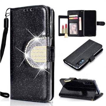 Glitter Diamond Buckle Splice Mirror Leather Wallet Phone Case for Huawei P20 Pro - Black
