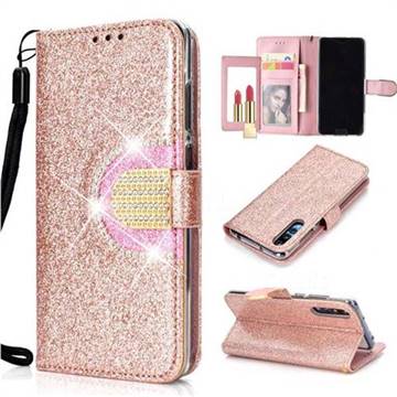 Glitter Diamond Buckle Splice Mirror Leather Wallet Phone Case for Huawei P20 Pro - Rose Gold
