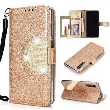 Glitter Diamond Buckle Splice Mirror Leather Wallet Phone Case for Huawei P20 Pro - Golden