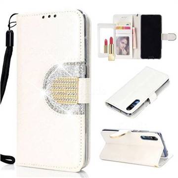 Glitter Diamond Buckle Splice Mirror Leather Wallet Phone Case for Huawei P20 Pro - White