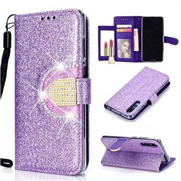 Glitter Diamond Buckle Splice Mirror Leather Wallet Phone Case for Huawei P20 Pro - Purple