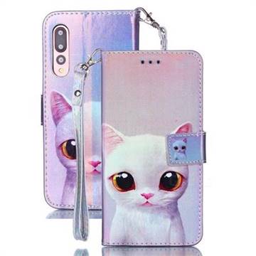 White Cat Blue Ray Light PU Leather Wallet Case for Huawei P20 Pro