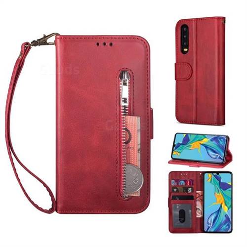 Retro Calfskin Zipper Leather Wallet Case Cover for Huawei P20 Pro - Red