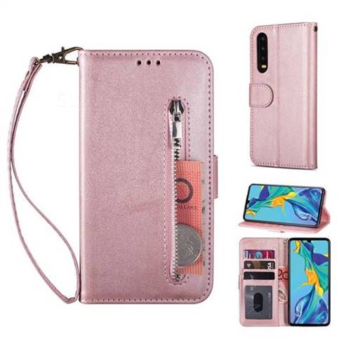 Retro Calfskin Zipper Leather Wallet Case Cover for Huawei P20 Pro - Rose Gold