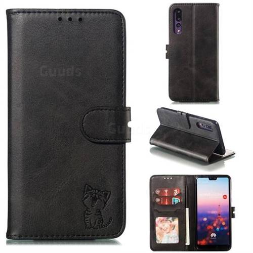 Embossing Happy Cat Leather Wallet Case for Huawei P20 Pro - Black