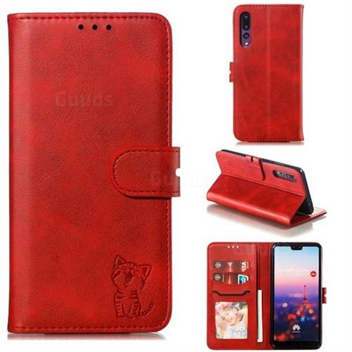Embossing Happy Cat Leather Wallet Case for Huawei P20 Pro - Red