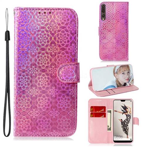 Laser Circle Shining Leather Wallet Phone Case for Huawei P20 Pro - Pink