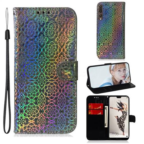 Laser Circle Shining Leather Wallet Phone Case for Huawei P20 Pro - Silver