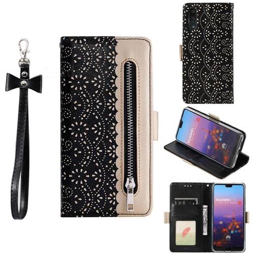 Luxury Lace Zipper Stitching Leather Phone Wallet Case for Huawei P20 Pro - Black