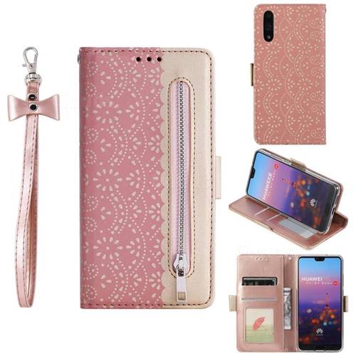 Luxury Lace Zipper Stitching Leather Phone Wallet Case for Huawei P20 Pro - Pink