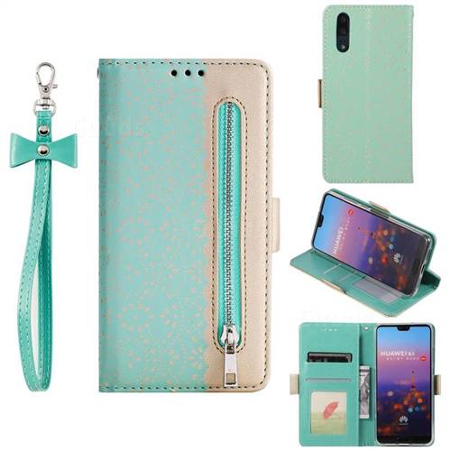 Luxury Lace Zipper Stitching Leather Phone Wallet Case for Huawei P20 Pro - Green