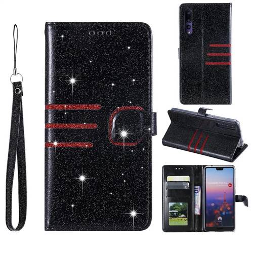 Retro Stitching Glitter Leather Wallet Phone Case for Huawei P20 Pro - Black