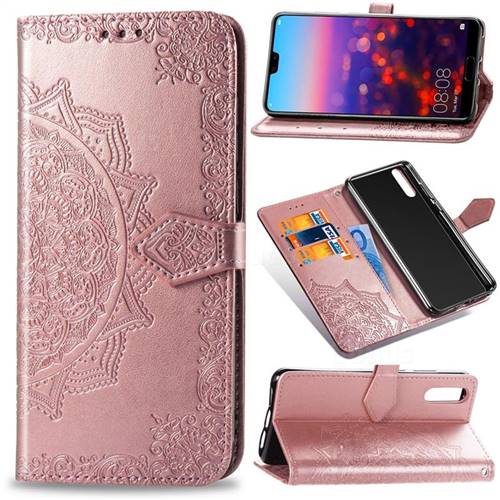 Embossing Imprint Mandala Flower Leather Wallet Case for Huawei P20 Pro - Rose Gold