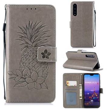 Embossing Flower Pineapple Leather Wallet Case for Huawei P20 Pro - Gray