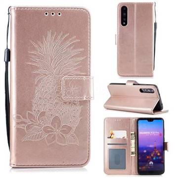 Embossing Flower Pineapple Leather Wallet Case for Huawei P20 Pro - Rose Gold