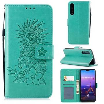 Embossing Flower Pineapple Leather Wallet Case for Huawei P20 Pro - Mint Green