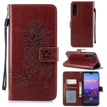 Embossing Flower Pineapple Leather Wallet Case for Huawei P20 Pro - Brown