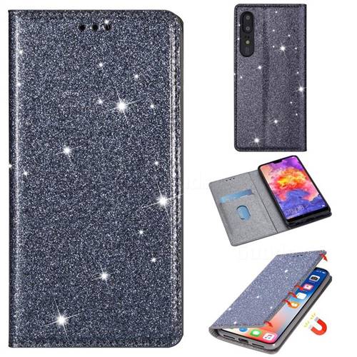 Ultra Slim Glitter Powder Magnetic Automatic Suction Leather Wallet Case for Huawei P20 Pro - Gray
