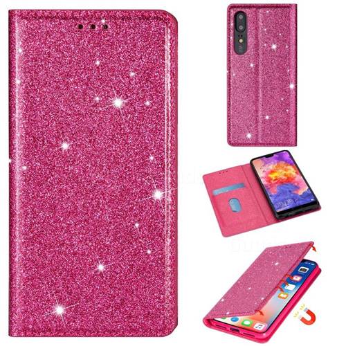 Ultra Slim Glitter Powder Magnetic Automatic Suction Leather Wallet Case for Huawei P20 Pro - Rose Red
