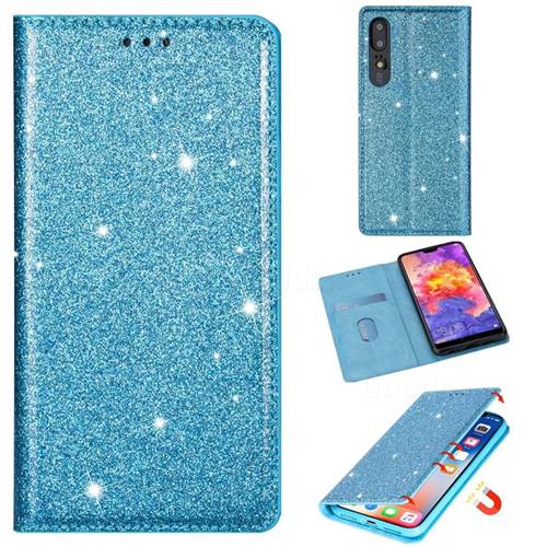 Ultra Slim Glitter Powder Magnetic Automatic Suction Leather Wallet Case for Huawei P20 Pro - Blue