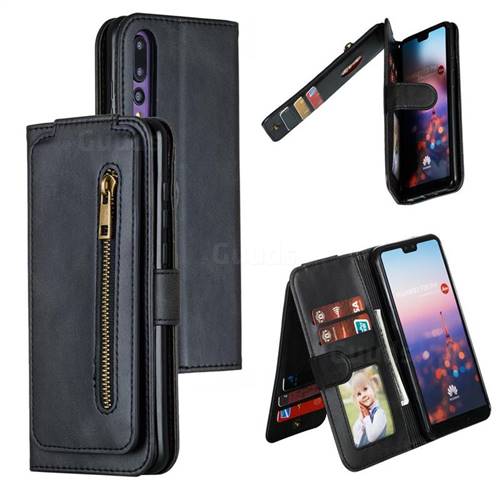 Multifunction 9 Cards Leather Zipper Wallet Phone Case for Huawei P20 Pro - Black