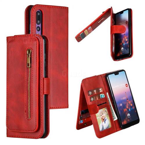 Multifunction 9 Cards Leather Zipper Wallet Phone Case for Huawei P20 Pro - Red