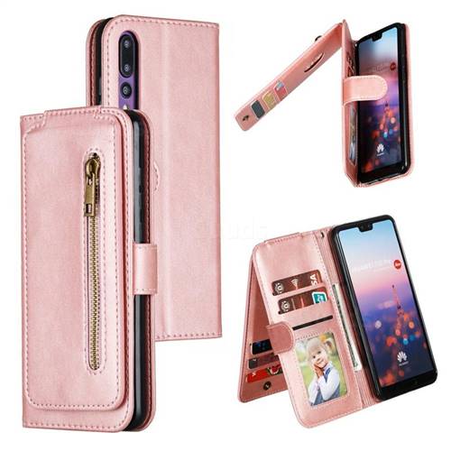 Multifunction 9 Cards Leather Zipper Wallet Phone Case for Huawei P20 Pro - Rose Gold