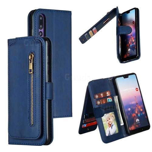 Multifunction 9 Cards Leather Zipper Wallet Phone Case for Huawei P20 Pro - Blue