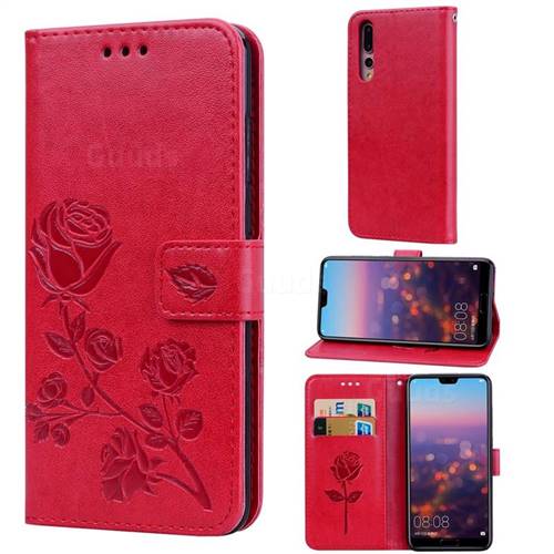 Embossing Rose Flower Leather Wallet Case for Huawei P20 Pro - Red