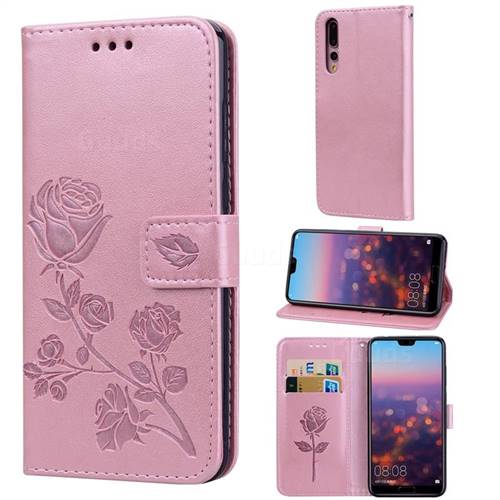 Embossing Rose Flower Leather Wallet Case for Huawei P20 Pro - Rose Gold
