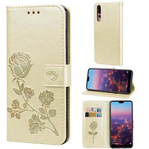 Embossing Rose Flower Leather Wallet Case for Huawei P20 Pro - Golden