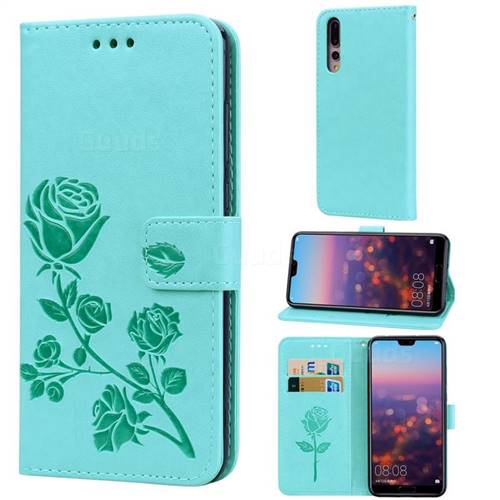 Embossing Rose Flower Leather Wallet Case for Huawei P20 Pro - Green