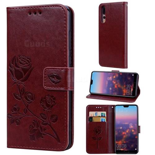 Embossing Rose Flower Leather Wallet Case for Huawei P20 Pro - Brown
