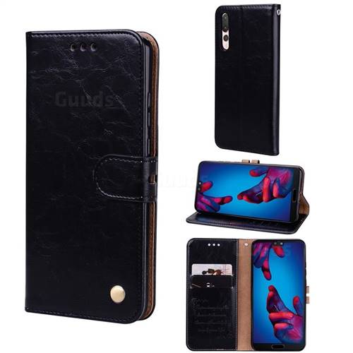 Luxury Retro Oil Wax PU Leather Wallet Phone Case for Huawei P20 Pro - Deep Black