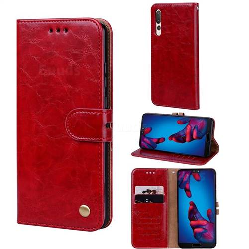 Luxury Retro Oil Wax PU Leather Wallet Phone Case for Huawei P20 Pro - Brown Red